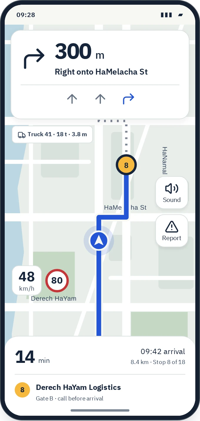 Truck navigation with Hebrew guidance