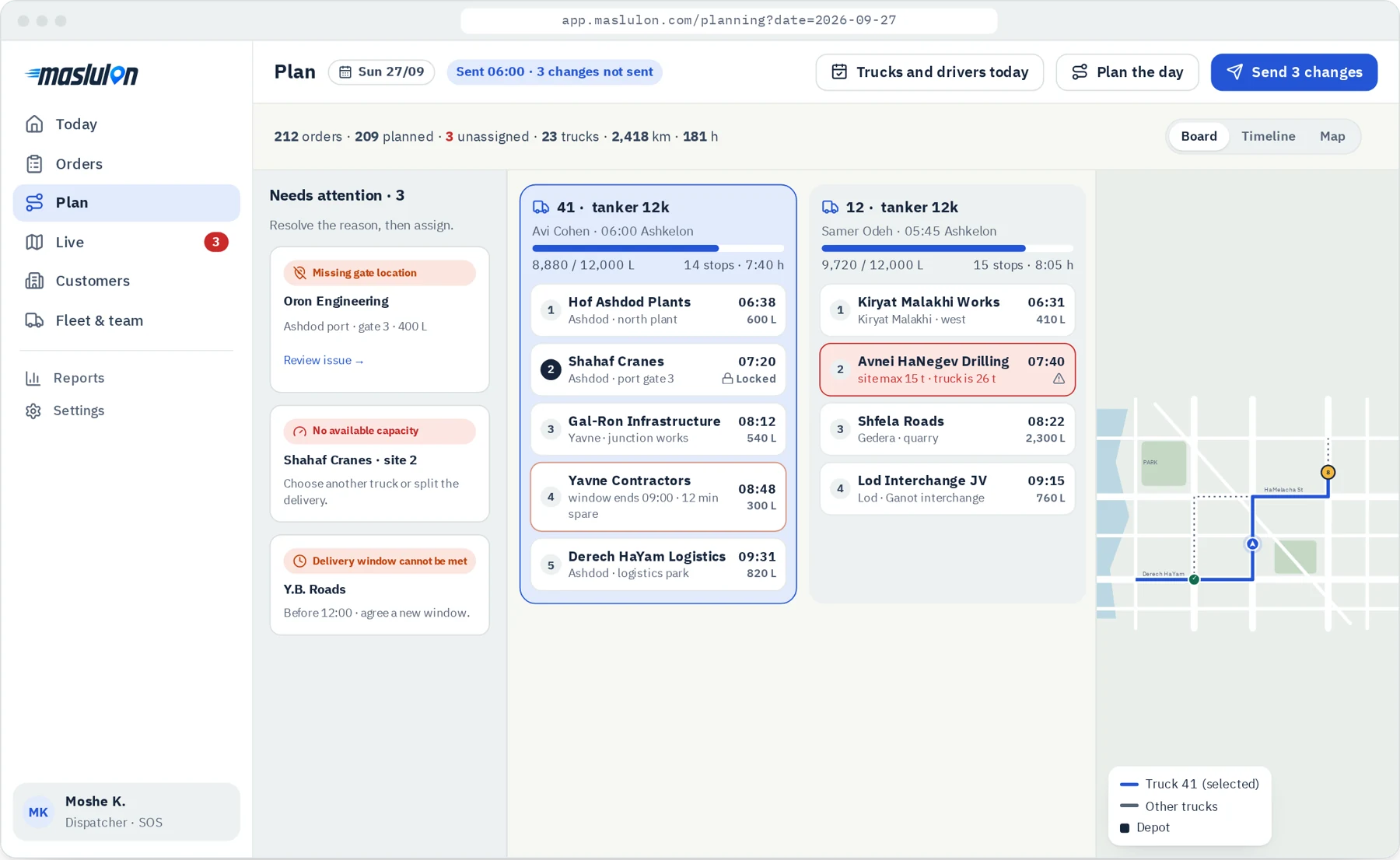 Delivery planning board organized by truck